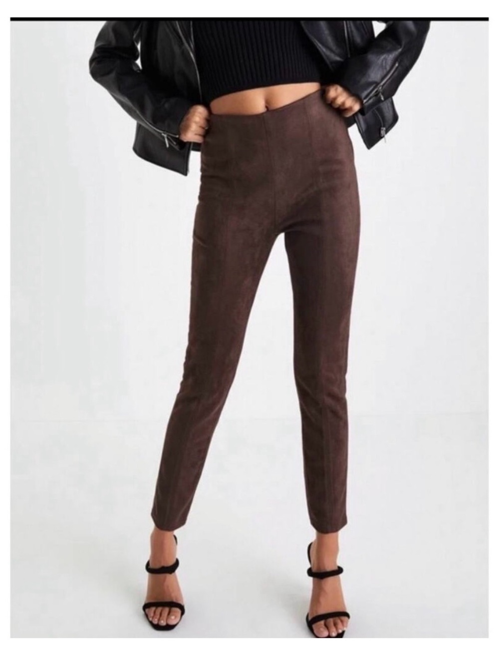 Savvi Faux Suede Brown Women’s Leggings Comfy Stretch Waistband Size Medium